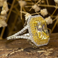 Yellow Radiant Cut CZ Stone Halo Split Shank Ring