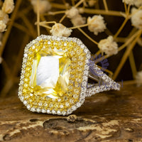 Yellow Radiant Cut CZ Stone Halo Split Shank Ring