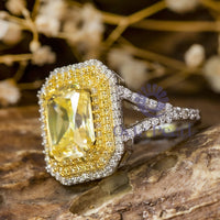 Yellow Radiant Cut CZ Stone Halo Split Shank Ring