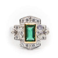 Baguette Cut Green Stone Geometric Style Art Deco Retro Vintage Engagement Ring