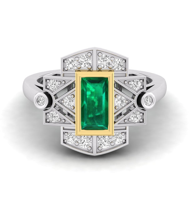 Baguette Cut Green Stone Geometric Style Art Deco Retro Vintage Engagement Ring