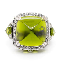 Peridot Color Fancy Cushion Shape Cabochon With Pear Cut CZ Stone Three Stone Halo Cocktail Ring