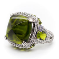 Peridot Color Fancy Cushion Shape Cabochon With Pear Cut CZ Stone Three Stone Halo Cocktail Ring