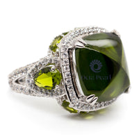 Peridot Color Fancy Cushion Shape Cabochon With Pear Cut CZ Stone Three Stone Halo Cocktail Ring