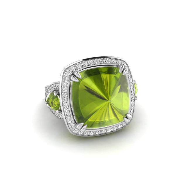 Peridot Color Fancy Cushion Shape Cabochon With Pear Cut CZ Stone Three Stone Halo Cocktail Ring