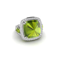 Peridot Color Fancy Cushion Shape Cabochon With Pear CZ Three Stone Halo Cocktail Ring