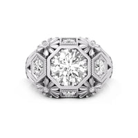 Old European Cut Moissanite Milgrain Floral Motif Art Deco Engagement Ring