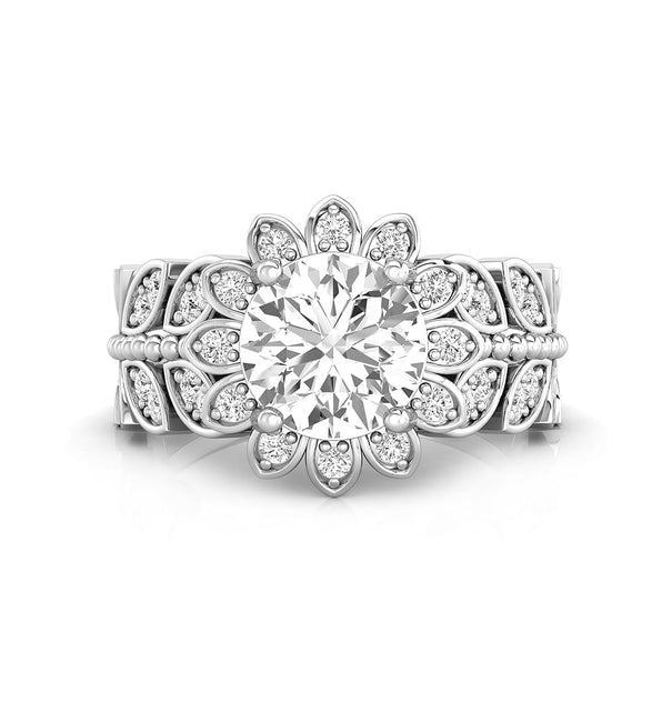 Round Cut Moissanite Floral- Leaf Motif Nature Inspire Engagement Ring