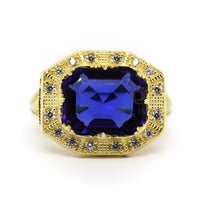 Blue Sapphire Square Emerald Cut CZ Stone Octagon Halo Art Deco Vintage Ring