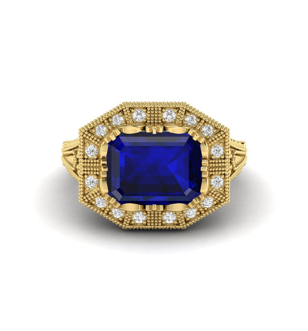 Blue Sapphire Square Emerald Cut CZ Stone Octagon Halo Art Deco Vintage Ring