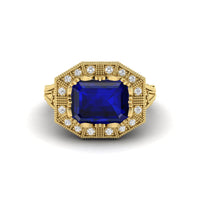 Blue Sapphire Square Emerald Cut CZ Stone Octagon Halo Art Deco Vintage Ring