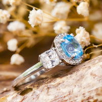 Aquamarine Tri-Stone Wedding Ring With Halo