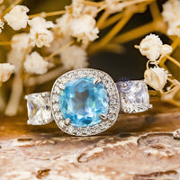 Aquamarine Tri-Stone Wedding Ring With Halo