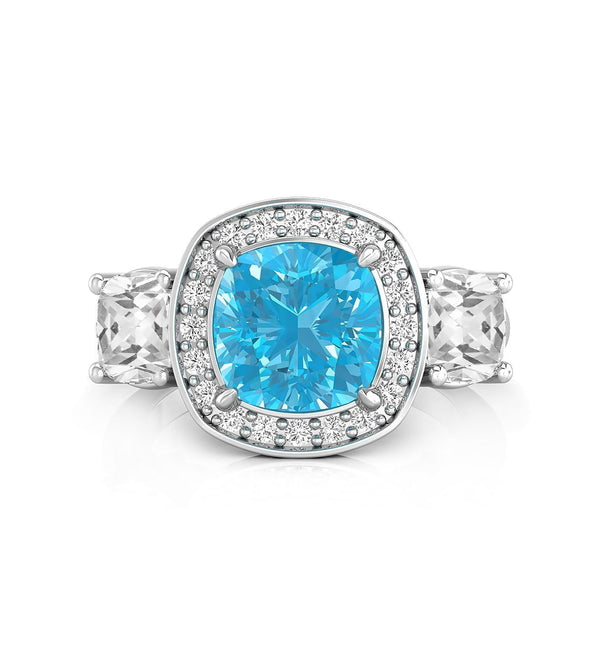 Aquamarine Tri-Stone Wedding Ring With Halo