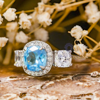 Aquamarine Tri-Stone Wedding Ring With Halo