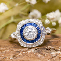 Round Cut & Blue Sapphire Baguette Cut CZ Stone Double Halo Art Deco Target Ring For Wedding