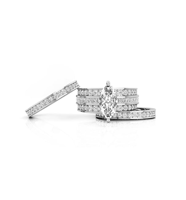 Marquise, Princess Or Round Cut CZ Stone Wedding Bridal Three-Piece Ring Set (