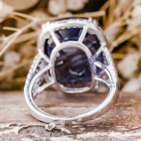 Halo Split Shank Ring With Blue Cushion Cut CZ