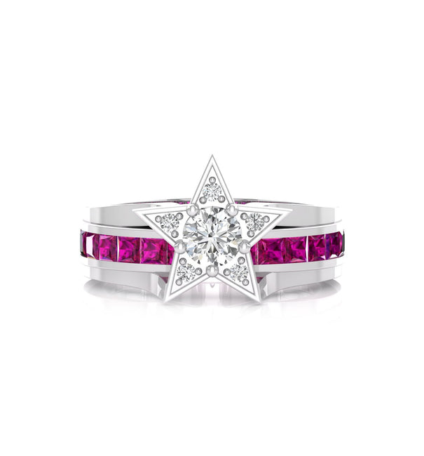 White Round With Pink Princess Channel Setting Star Shape Ring