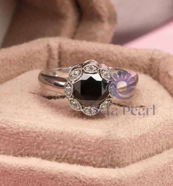 Round Cut CZ Stone Floral Motif Halo Ring