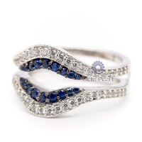 Blue sapphire & White Round CZ Stone Enhancer Guard Wedding Band Ring