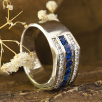 Blue Sapphire & White Round CZ Stone Channel Setting Men’s Ring For Wedding-Proposal