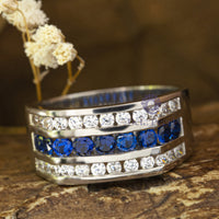 Blue Sapphire & White Round CZ Stone Channel Setting Men’s Ring For Wedding-Proposal