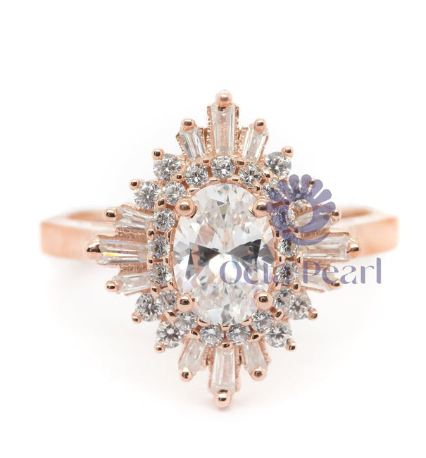 Sunburst Shield Engagement Ring Oval Cut CZ