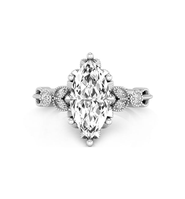 Marquise Cut Moissanite Milgrain Leaf Motif Art Deco Engagement Ring