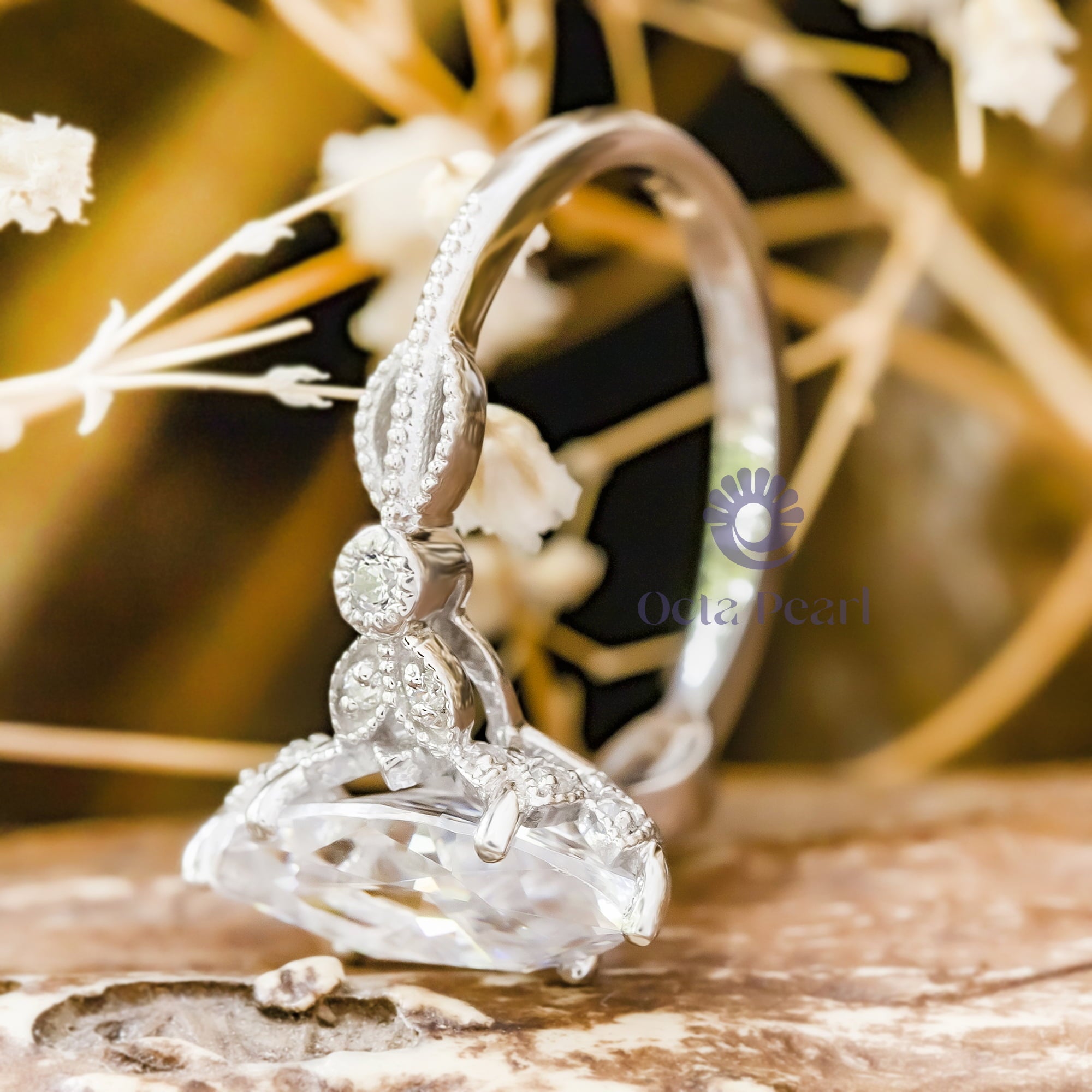 Marquise Cut Moissanite Milgrain Leaf Motif Art Deco Engagement