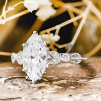 Marquise Cut Moissanite Milgrain Leaf Motif Art Deco Engagement Ring