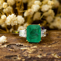 Green Emerald & White Baguette Cut CZ Seven Stone Cocktail Wedding Ring