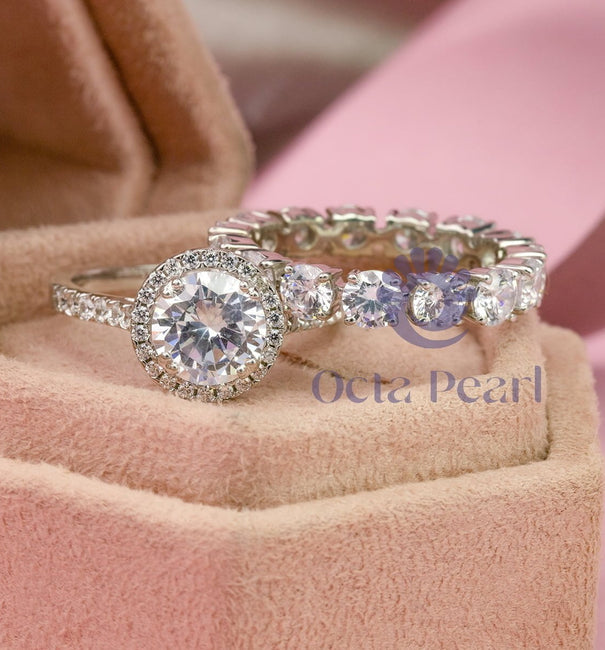 Round Moissanite Bridal Ring-Set Halo Eternity Band