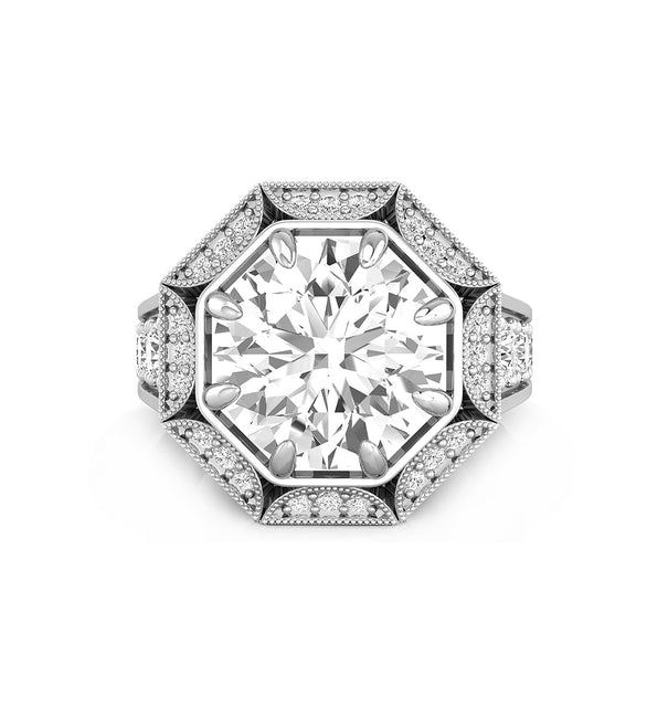 Round Cut Moissanite ring with octagon halo for women