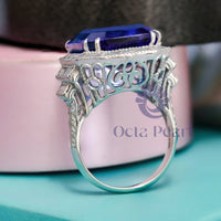 Blue Emerald Cut Halo Art Deco Ring