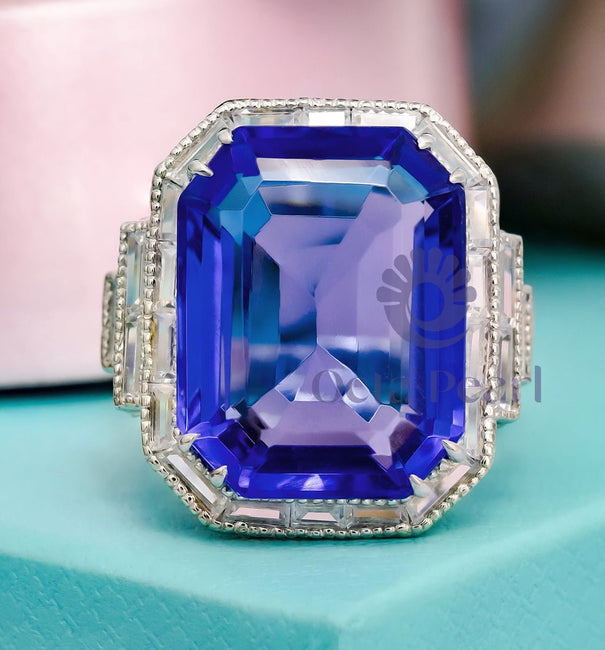 Blue Emerald Cut Halo Art Deco Ring