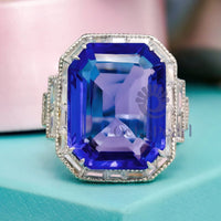 Blue Emerald Cut Halo Art Deco Ring