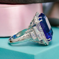 Blue Emerald Cut Halo Art Deco Ring