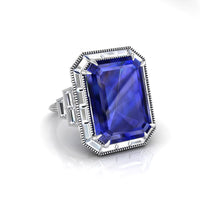 Blue Emerald Cut Halo Art Deco Party Wear Ring For Women