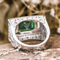 Green Emerald Cut CZ Three Stone Filigree Vintage Art Deco Engagement Ring