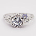 Art Deco style Hexagon Shape Moissanite Ring Round Cut