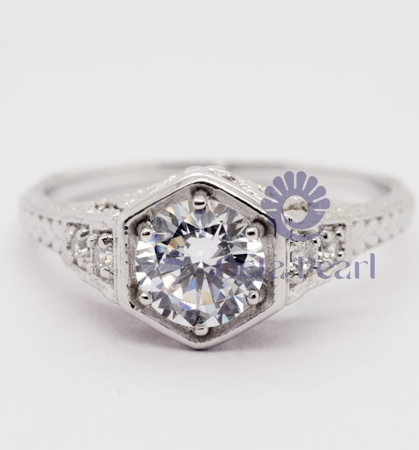 Art Deco style Hexagon Shape Moissanite Ring Round Cut