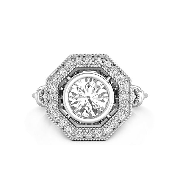 Round Cut Moissanite Halo Milgrain Art Deco Octagon Shape Engagement Ring