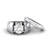 Diamond ring with a white gold band on a white background, Round Cut Moissanite Solitaire Thick Ring With Plain Metal Band For Men & Women