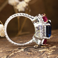 Blue Sapphire & Pink Radiant Cut CZ Three Stone Halo Wedding Engagement Ring