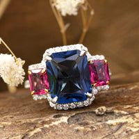 Blue Sapphire & Pink Radiant Cut CZ Three Stone Halo Wedding Engagement Ring