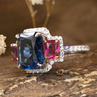 Blue Sapphire & Pink Radiant Cut CZ Three Stone Halo Wedding Engagement Ring