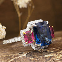 Blue Sapphire & Pink Radiant Cut CZ Three Stone Halo Wedding Engagement Ring