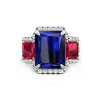 Blue Sapphire & Pink Radiant Cut CZ Three Stone Halo Wedding Engagement Ring