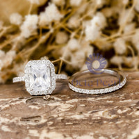 Radiant & Round Cut Moissanite Halo Wedding Bridal Ring Set